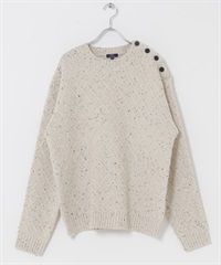 混羊毛肩部鈕扣圓領針織衫(白色-M-WHITE)