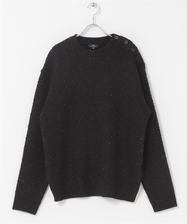 混羊毛肩部鈕扣圓領針織衫(黑色-M-BLACK)