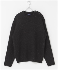 混羊毛肩部鈕扣圓領針織衫(黑色-M-BLACK)