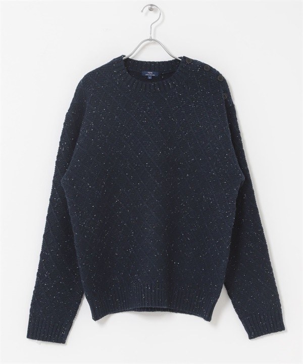 混羊毛肩部鈕扣圓領針織衫(藏青色-M-NAVY)