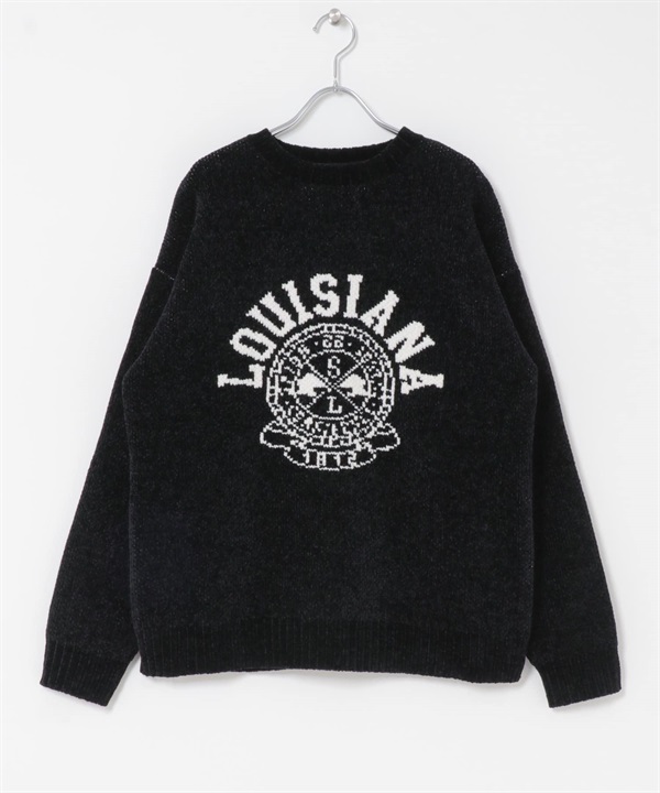 學院風LOGO雪尼爾紗針織衫(黑色-M-BLACK)