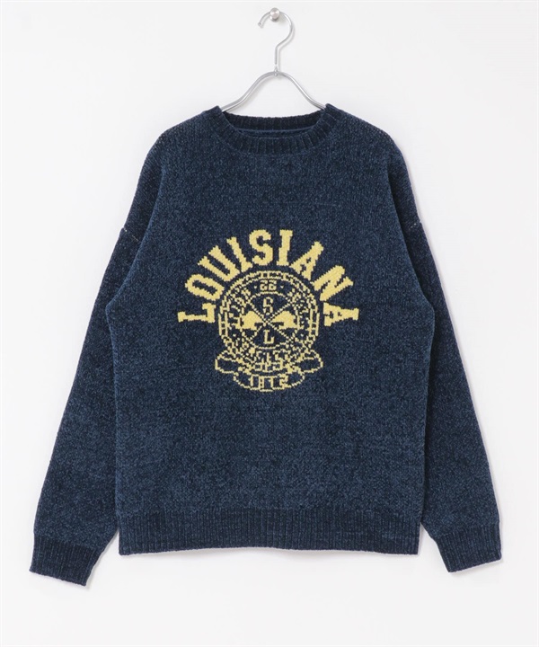 學院風LOGO雪尼爾紗針織衫(藏青色-M-NAVY)