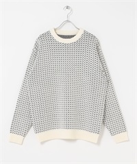 可機洗鳥眼花紋圓領針織衫(白色-M-WHITE)