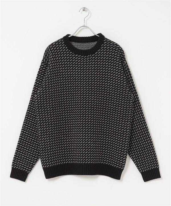 可機洗鳥眼花紋圓領針織衫(黑色-M-BLACK)