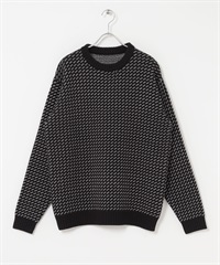 可機洗鳥眼花紋圓領針織衫(黑色-M-BLACK)