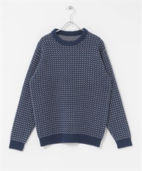 可機洗鳥眼花紋圓領針織衫(藏青色-M-NAVY)