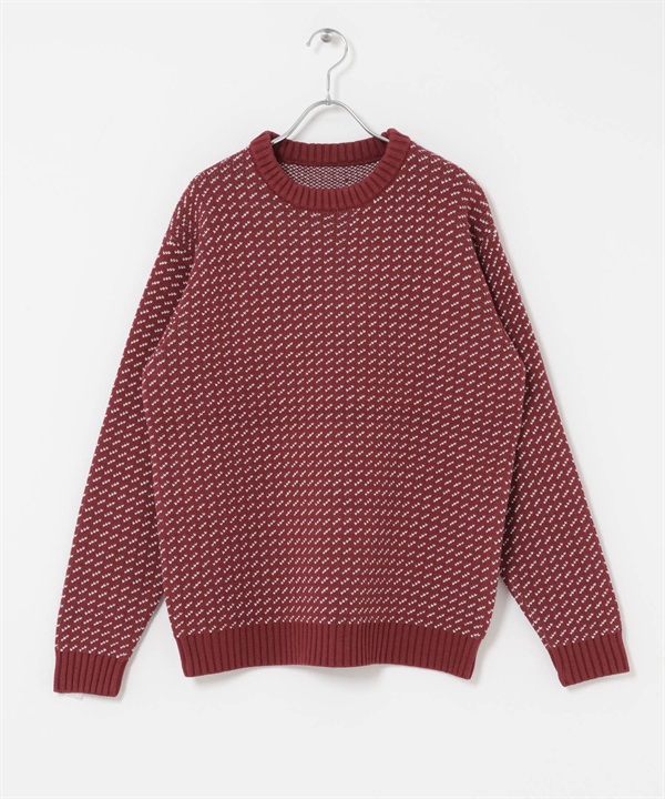 可機洗鳥眼花紋圓領針織衫(酒紅色-M-BURGUNDY)