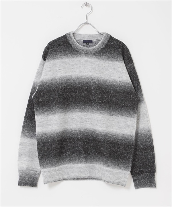 間隔染圓領針織衫(黑色-M-BLACK)