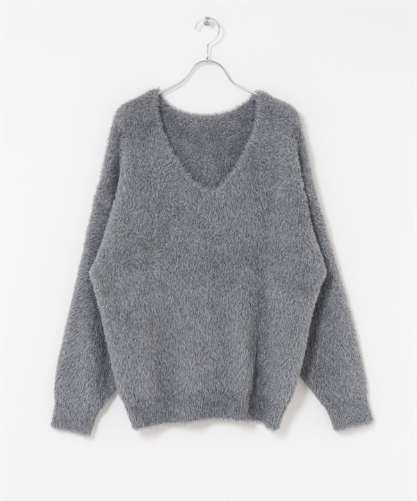 寬鬆絨毛V領針織衫(灰色-FREE-GRAY)