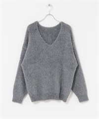 寬鬆絨毛V領針織衫(灰色-FREE-GRAY)