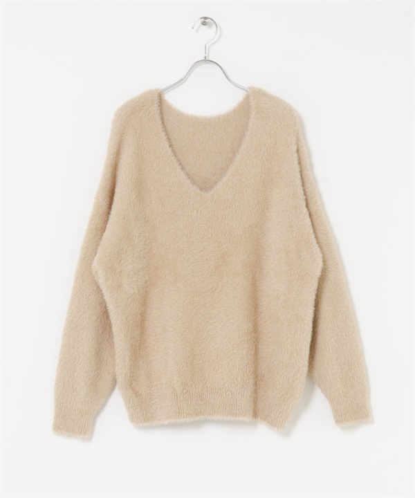寬鬆絨毛V領針織衫(膚色-FREE-BEIGE)