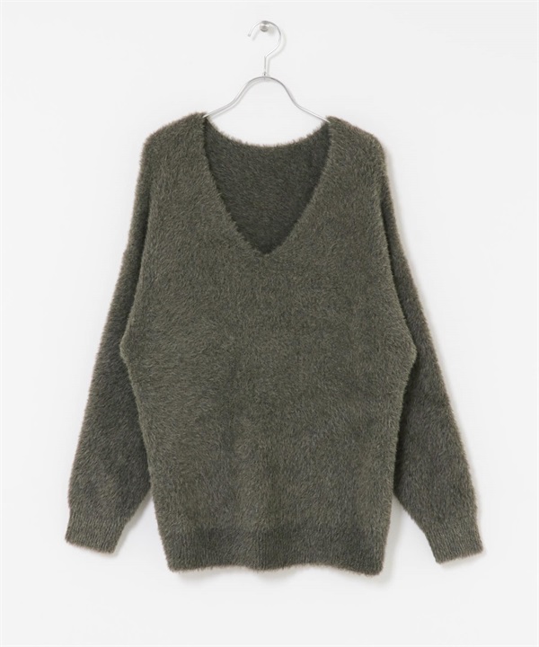 寬鬆絨毛V領針織衫(卡其綠-FREE-KHAKI)