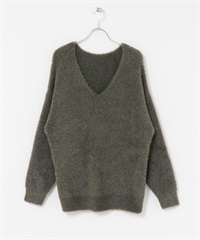 寬鬆絨毛V領針織衫(卡其綠-FREE-KHAKI)