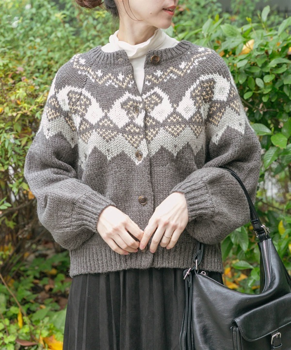 北歐風織紋蓬袖開襟衫