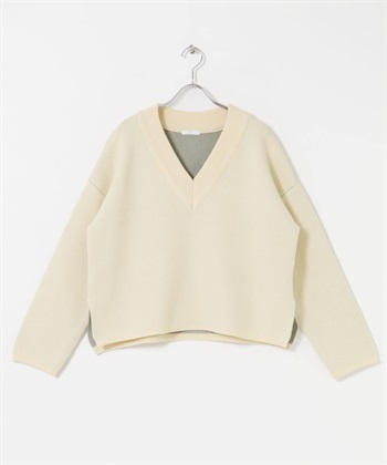 雙面織V領針織衫(白色-FREE-IVORY)