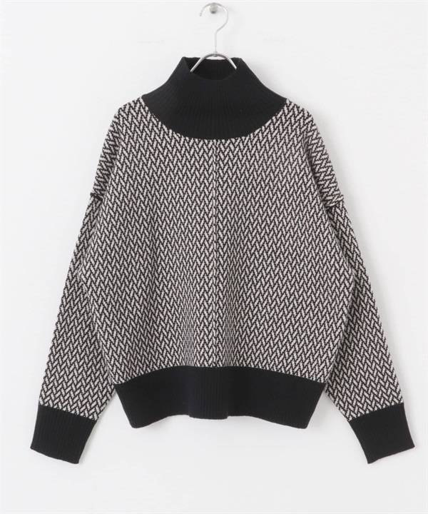 高領寬版針織衫(米色×黑色-FREE-其他白色)