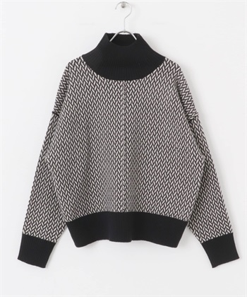 高領寬版針織衫(米色×黑色-FREE-其他白色)