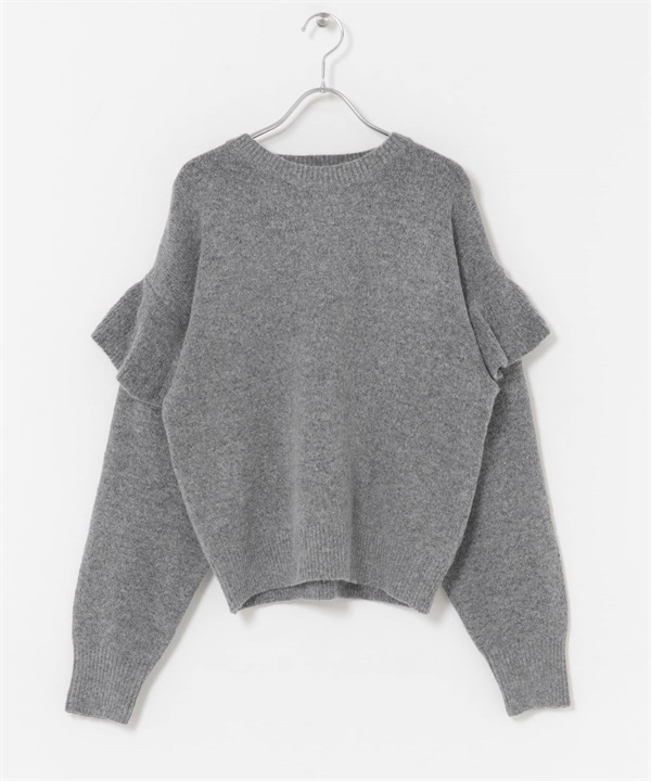 荷葉邊圓領針織衫(灰色-FREE-GRAY)
