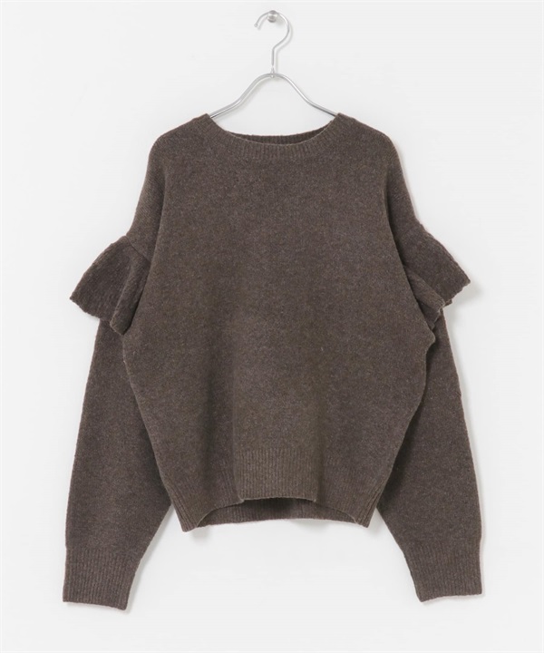 荷葉邊圓領針織衫(棕色-FREE-BROWN)