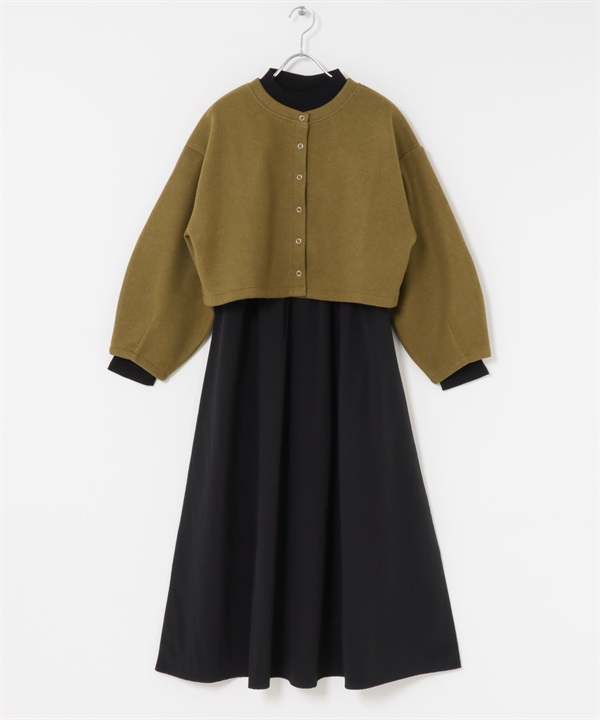 【成套組合】開襟衫 × 洋裝(褐色-Free-MUSTARD)