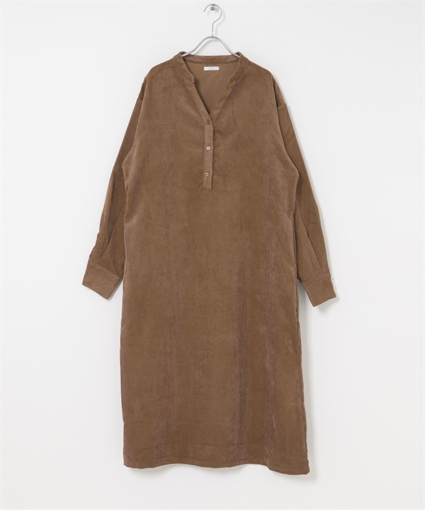 輕量燈芯絨V字領緣洋裝(棕色-Free-BROWN)