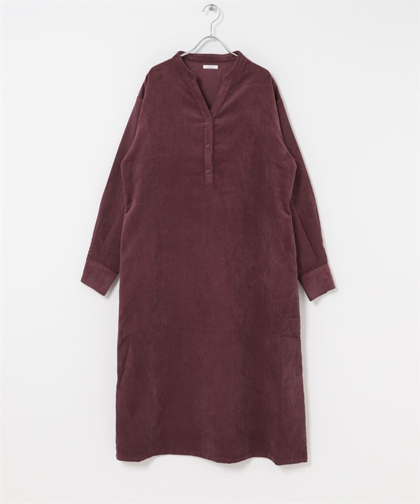 輕量燈芯絨V字領緣洋裝(酒紅色-Free-BURGUNDY)
