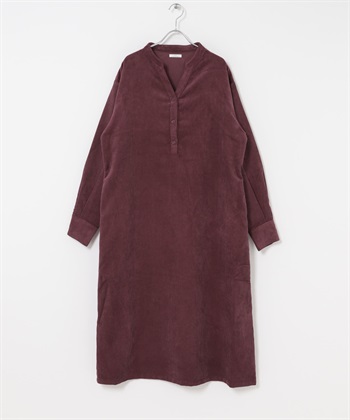 輕量燈芯絨V字領緣洋裝(酒紅色-Free-BURGUNDY)