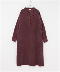 輕量燈芯絨V字領緣洋裝(酒紅色-Free-BURGUNDY)
