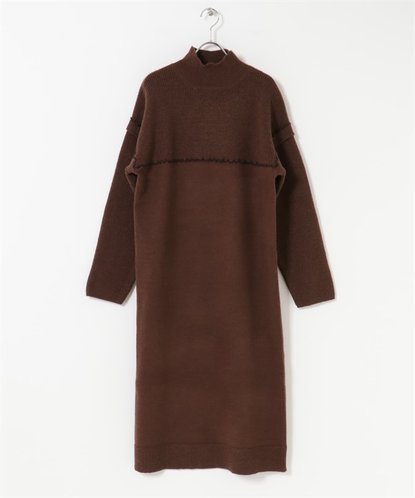 高領縫線針織洋裝(棕色-FREE-BROWN)