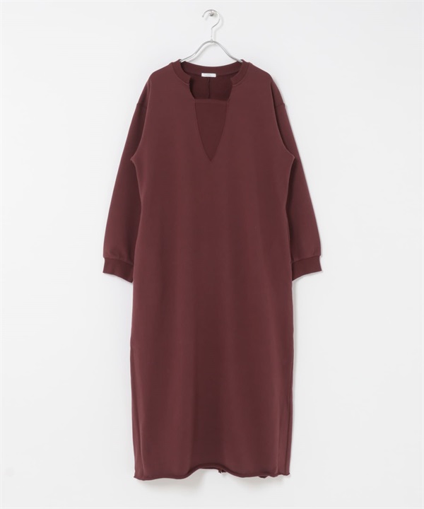 棉質毛圈長袖洋裝(酒紅色-Free-BURGUNDY)