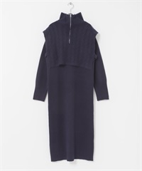 半拉鍊針織組合洋裝(藏青色-FREE-NAVY)