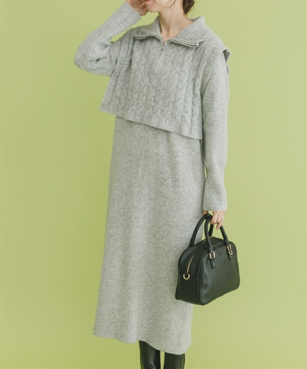 半拉鍊針織組合洋裝