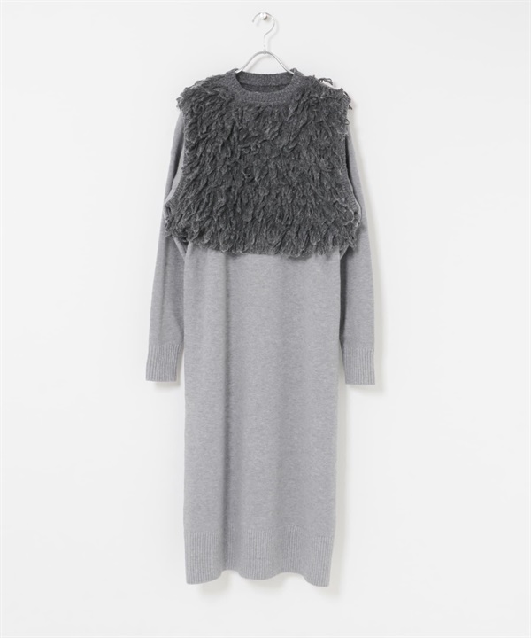 【成套組合】毛圈紗針織背心 × 洋裝(灰色-Free-GRAY)