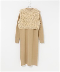 【成套組合】毛圈紗針織背心 × 洋裝(奶油色-Free-其他黃色)