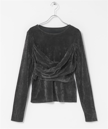 透膚絲絨交叉垂墜上衣(炭灰色-one-CHARCOAL GRAY)