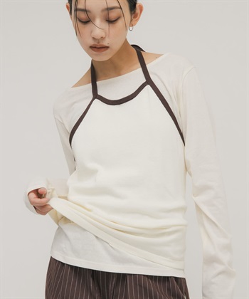 【成套組合】配色繞頸綁帶背心 × 上衣