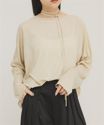 附綁帶透膚寬鬆上衣