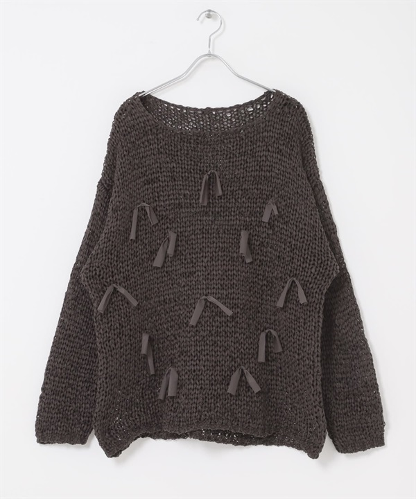 帶狀紗蝴蝶結寬版針織衫(深棕色-one-DARK BROWN)