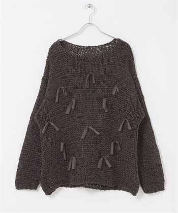 帶狀紗蝴蝶結寬版針織衫(深棕色-one-DARK BROWN)