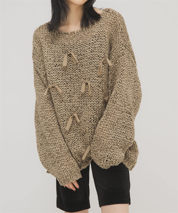 帶狀紗蝴蝶結寬版針織衫