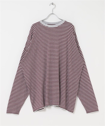 透膚橫紋寬鬆針織衫(灰色x酒紅色-one-其他紅色)