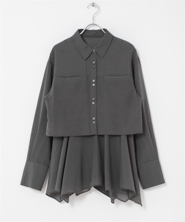 【成套組合】不規則下擺吊帶背心 X 短版襯衫(炭灰色-one-其他灰色)