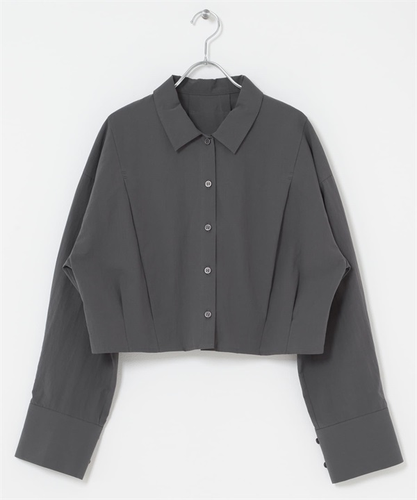 下擺打褶短版襯衫(炭灰色-one-CHARCOAL GRAY)