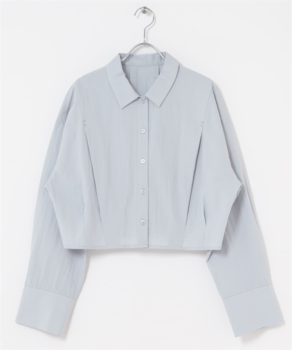 下擺打褶短版襯衫(淺藍色-one-LIGHT BLUE)