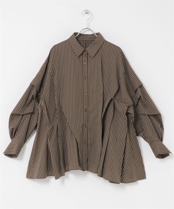 不規則打摺設計條紋襯衫(棕色x黃色-one-其他棕色)