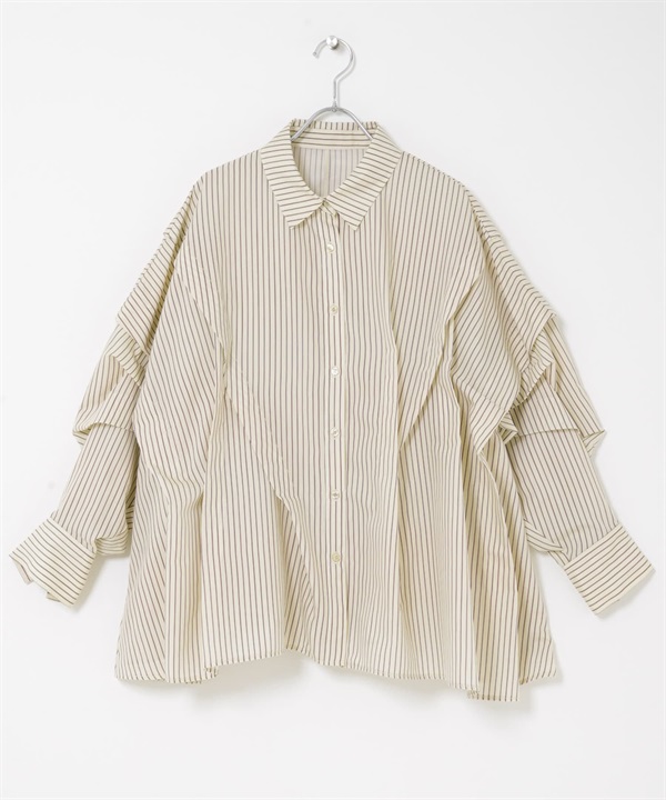 不規則打摺設計條紋襯衫(鼠尾草綠x酒紅色-one-其他膚色)