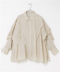 不規則打摺設計條紋襯衫(鼠尾草綠x酒紅色-one-其他膚色)