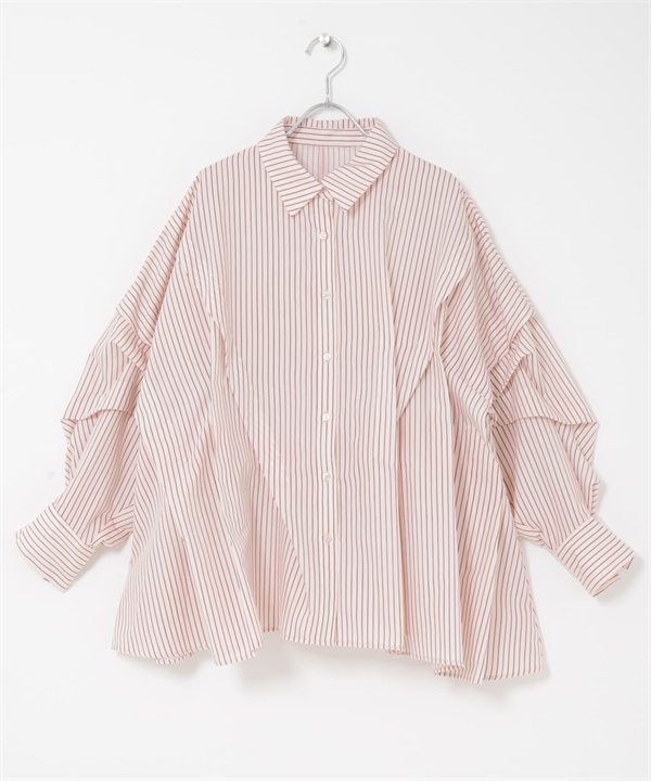 不規則打摺設計條紋襯衫(粉紅色x棕色-one-其他粉色)