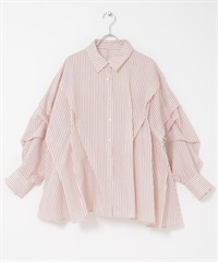 不規則打摺設計條紋襯衫(粉紅色x棕色-one-其他粉色)