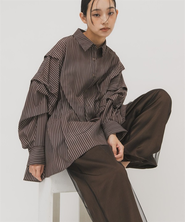 不規則打摺設計條紋襯衫